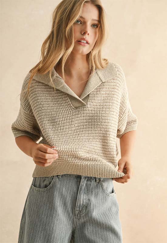Collared Top - Taupe White