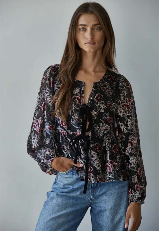 Woven Velvet Floral Blouse - Black Multi