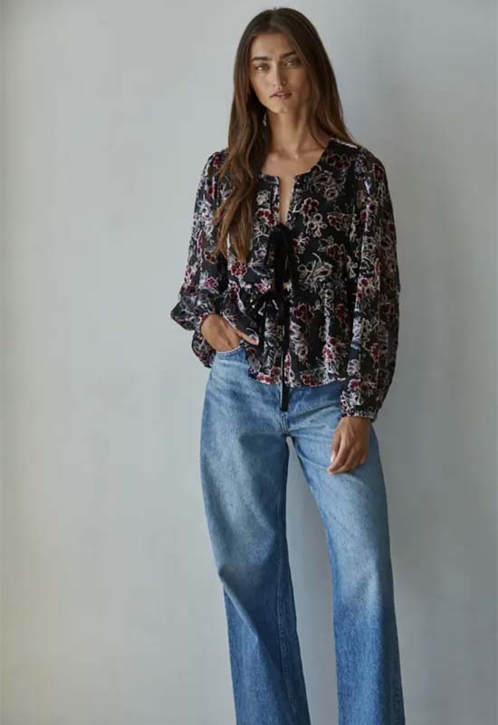 Woven Velvet Floral Blouse - Black Multi