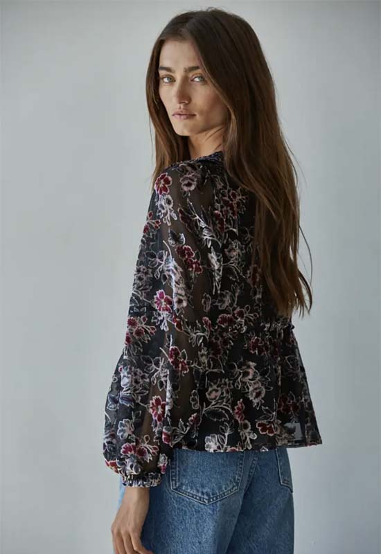 Woven Velvet Floral Blouse - Black Multi