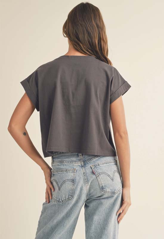 Round Neck Cuff Sleeve Top - Charcoal