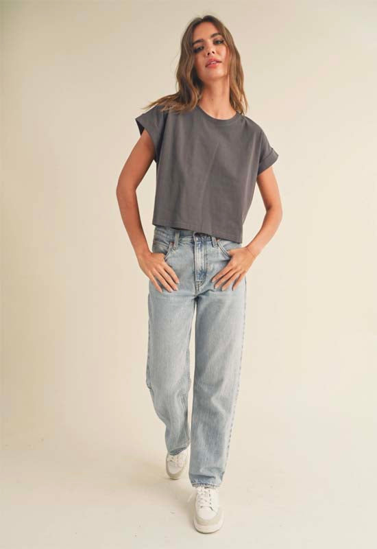 Round Neck Cuff Sleeve Top - Charcoal