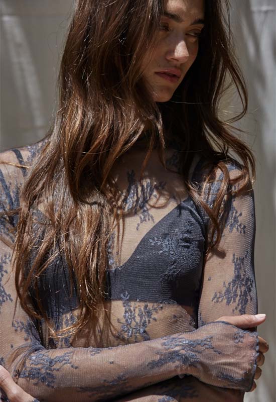 Knit Jacquard Lace Long Sleeve Top -  Charcoal