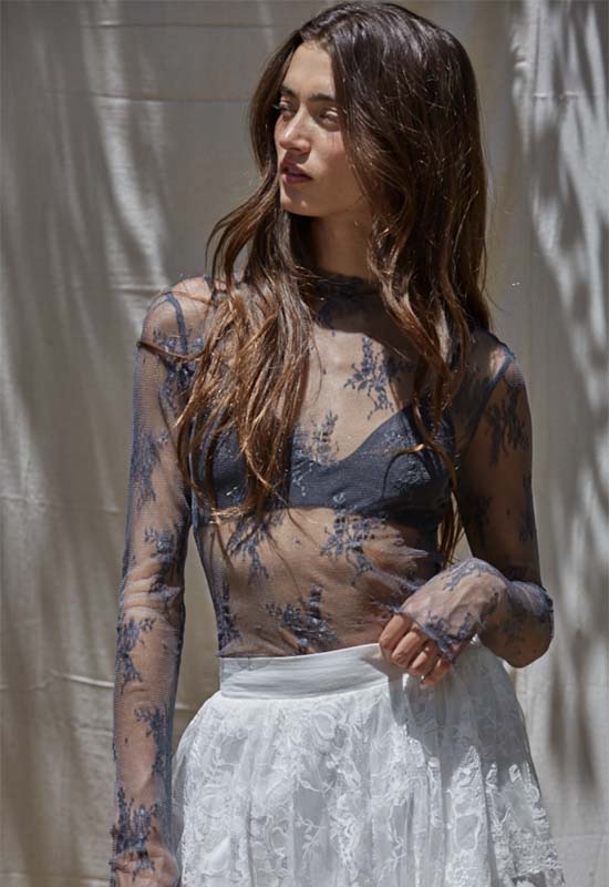 Knit Jacquard Lace Long Sleeve Top -  Charcoal