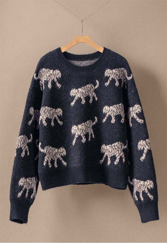 Crewneck Leopard Print Sweater - Black