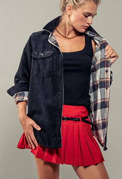 Courderoy Plaid  Lined Flannel Jacket - Black