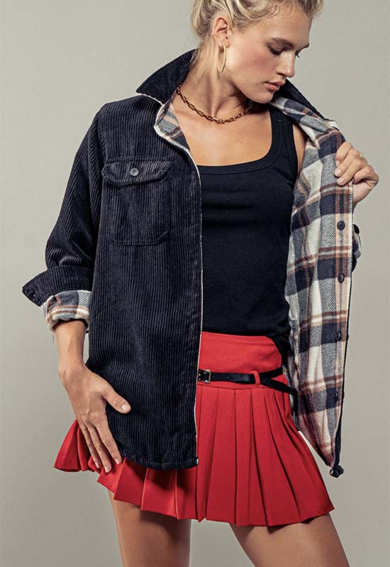 Courderoy Plaid  Lined Flannel Jacket - Black