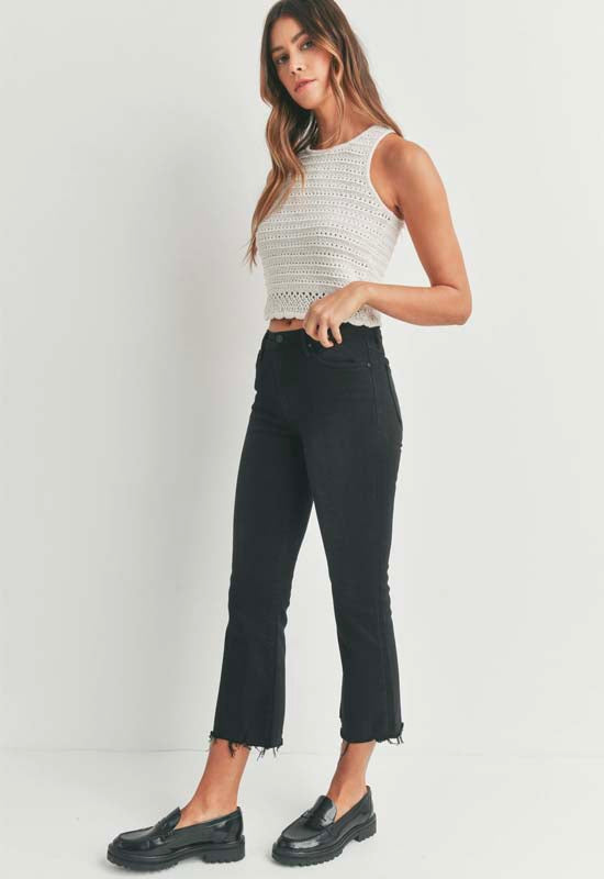 Just Black - High Rise Crop Flare Jean with Distressed Hem Black