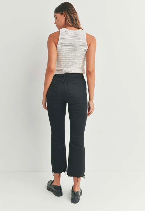 Just Black - High Rise Crop Flare Jean with Distressed Hem Black