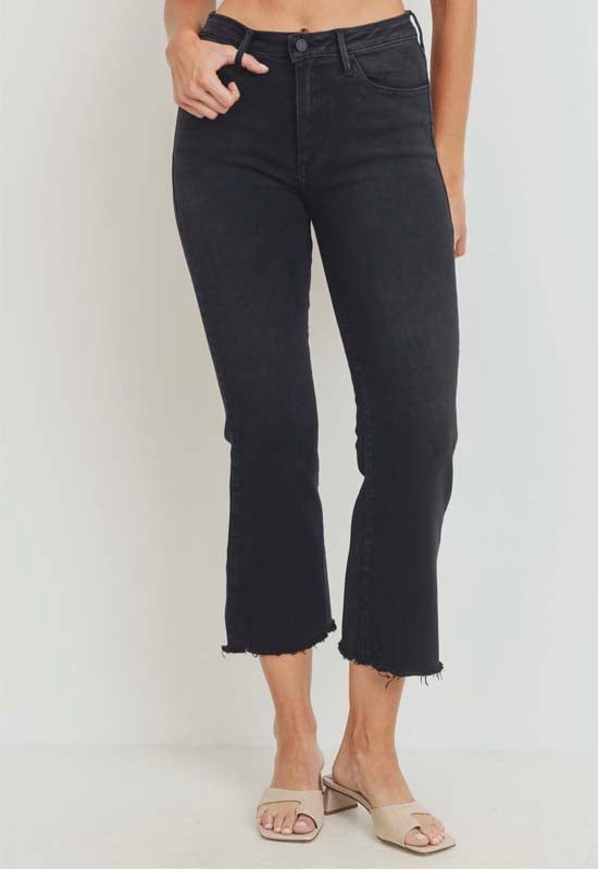 Just Black - High Rise Crop Flare Jean with Distressed Hem Black