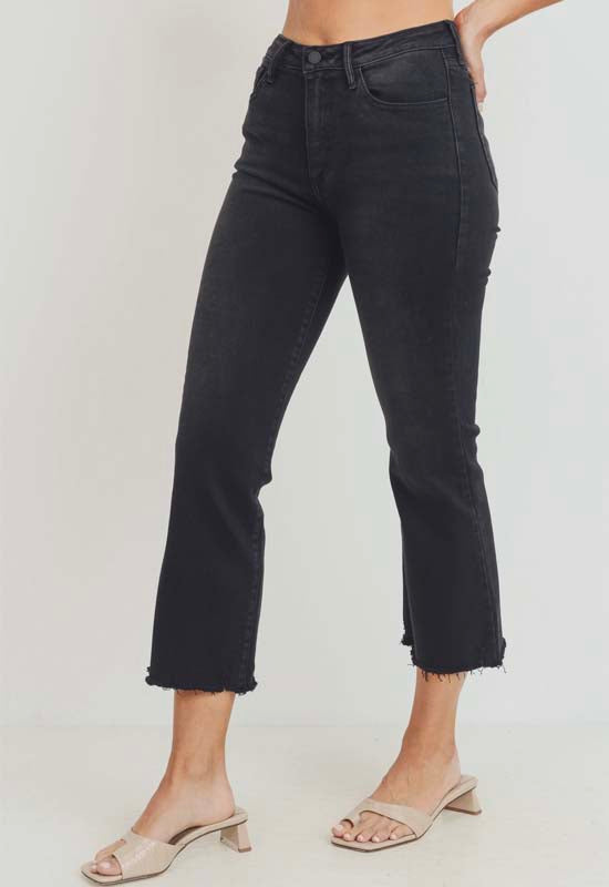 Just Black - High Rise Crop Flare Jean with Distressed Hem Black