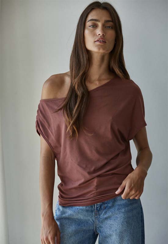 Knit Spandex One Shoulder Top - Mahogony