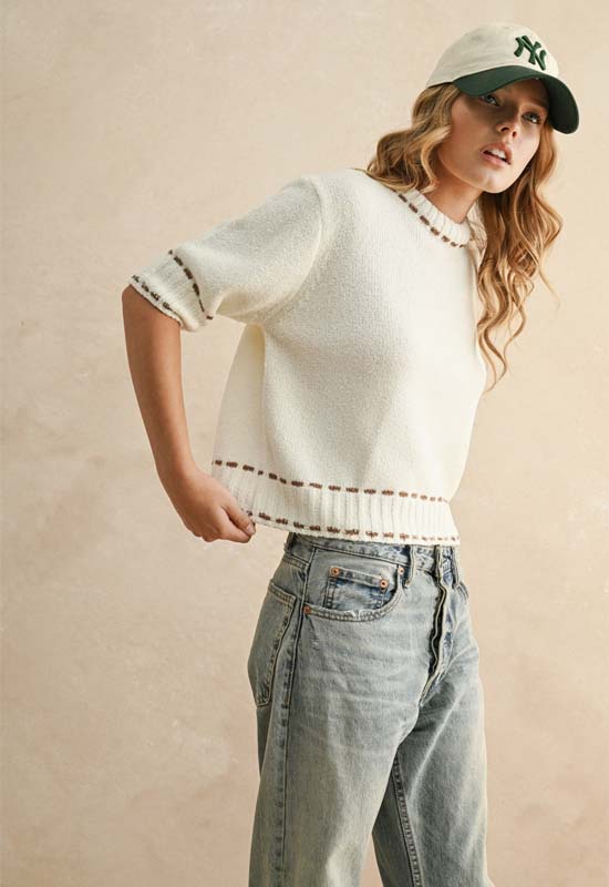 Stitch Effect Detail Top - White Brown