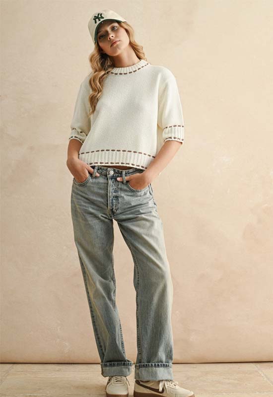 Stitch Effect Detail Top - White Brown