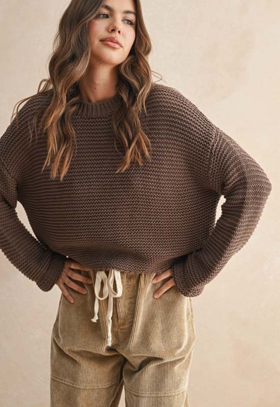 Round Neck Knit Sweater - Chocolate