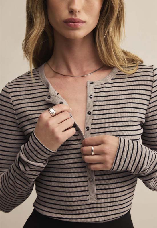 Z Supply - Stella Stripe Modal Rib Henley Heather Taupe