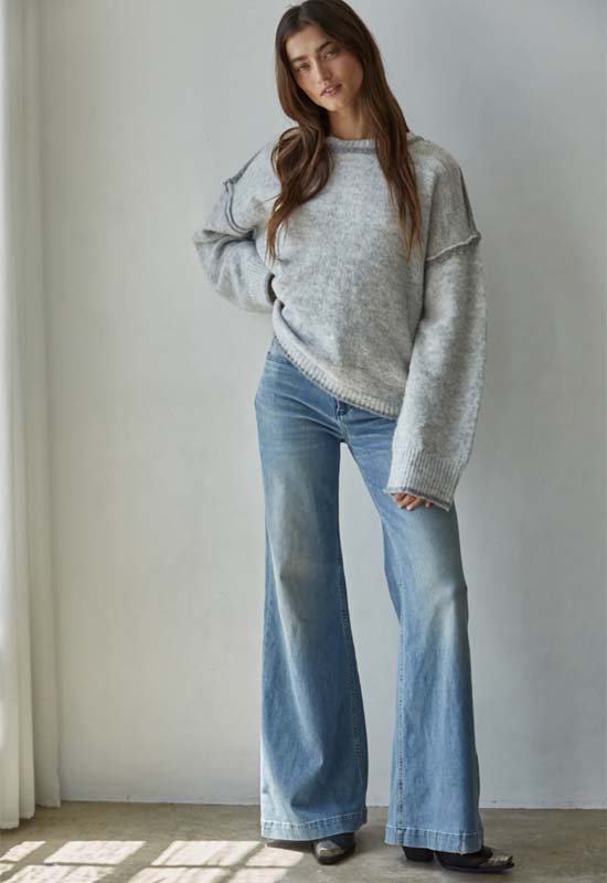 Crew Neck Sweater Rolled Edge - Heather Grey