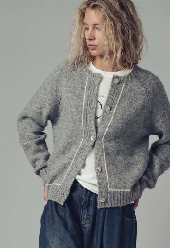 Contrast Trim Boho Button Down Sweater - Grey