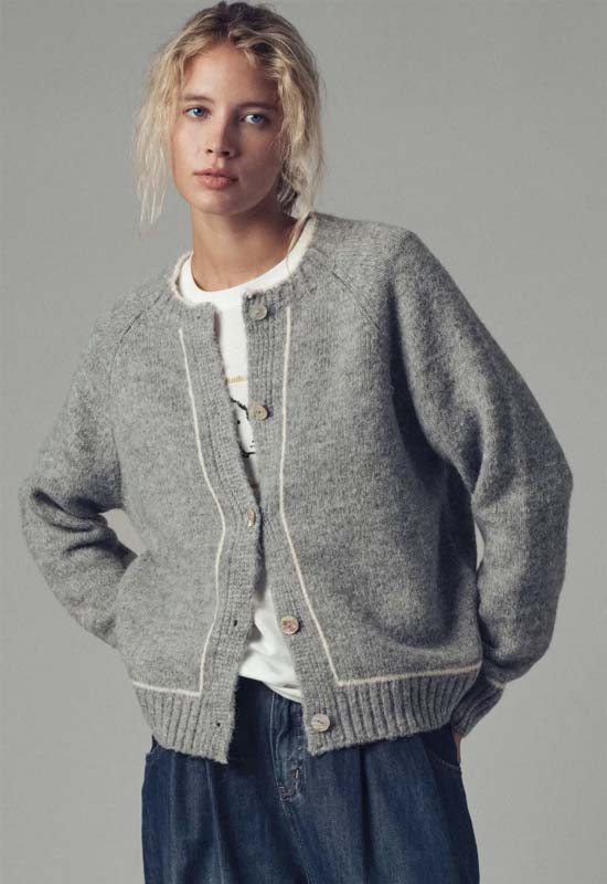 Contrast Trim Boho Button Down Sweater - Grey