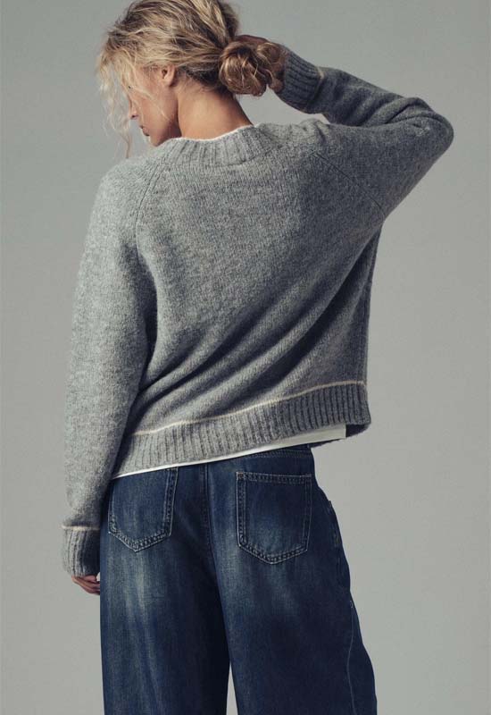 Contrast Trim Boho Button Down Sweater - Grey