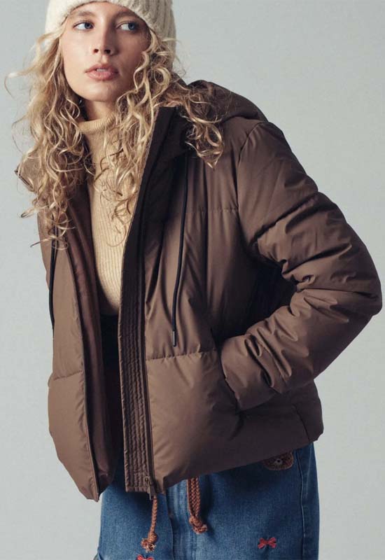 Hooded Drawstring Puffer Jacket - Chocolate