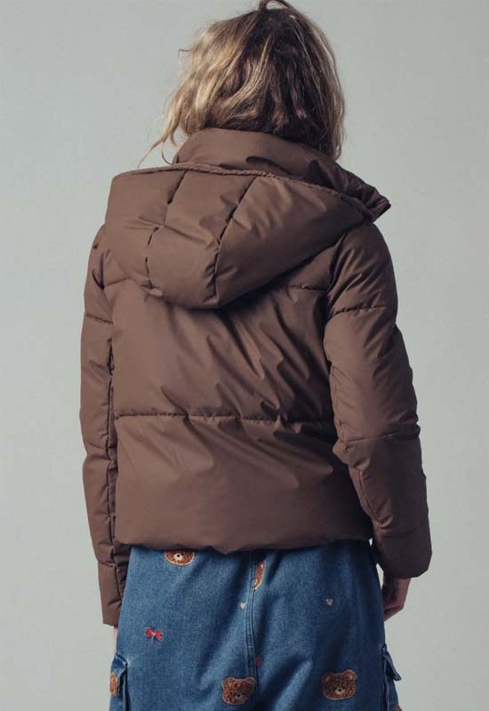 Hooded Drawstring Puffer Jacket - Chocolate