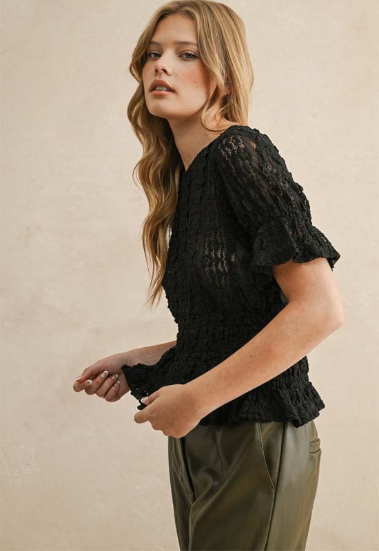 Short Sleeve Lace Blouse - Black