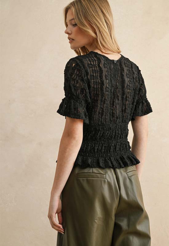 Short Sleeve Lace Blouse - Black