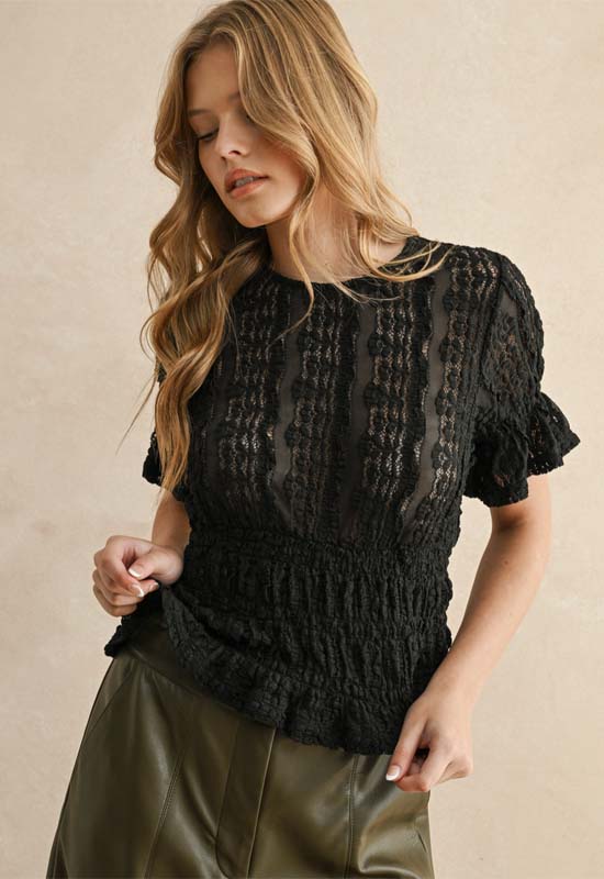 Short Sleeve Lace Blouse - Black