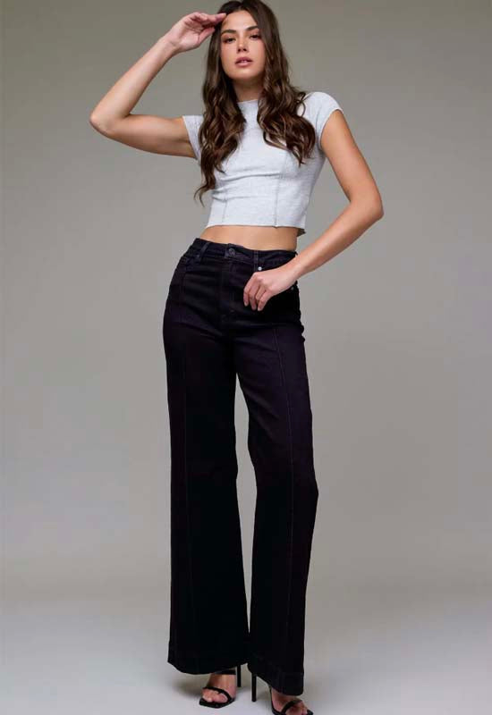 Hidden - Happi High Rise Comfort Flare Pintuck Jean Black