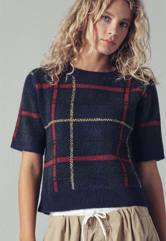 Plaid Short Sleeve Sweater Top - Navy