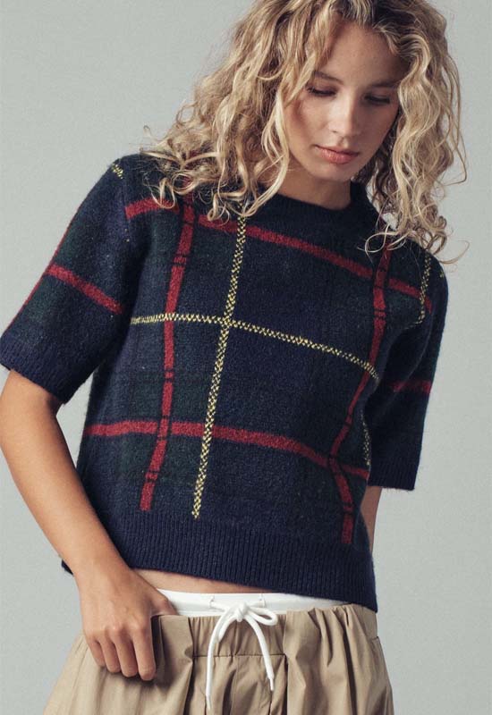 Plaid Short Sleeve Sweater Top - Navy