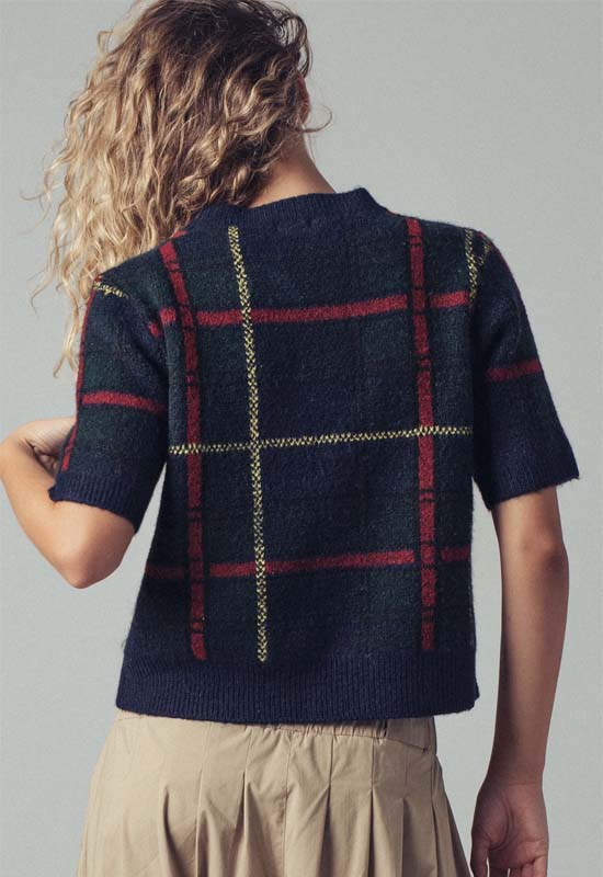 Plaid Short Sleeve Sweater Top - Navy