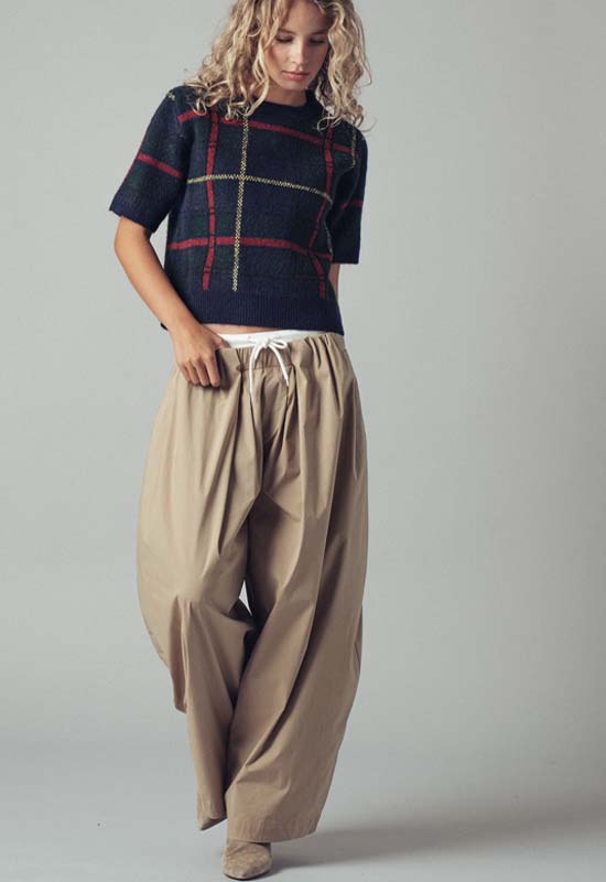 Plaid Short Sleeve Sweater Top - Navy