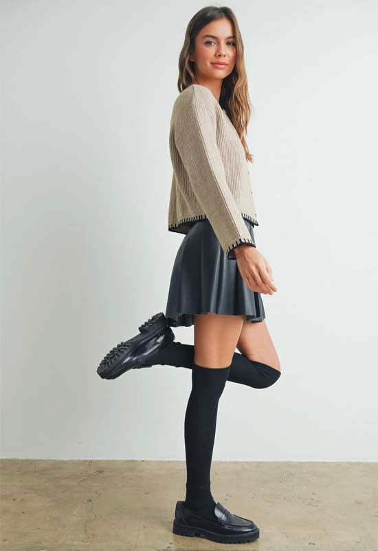 Crew Neck Cardigan Sweater - Taupe