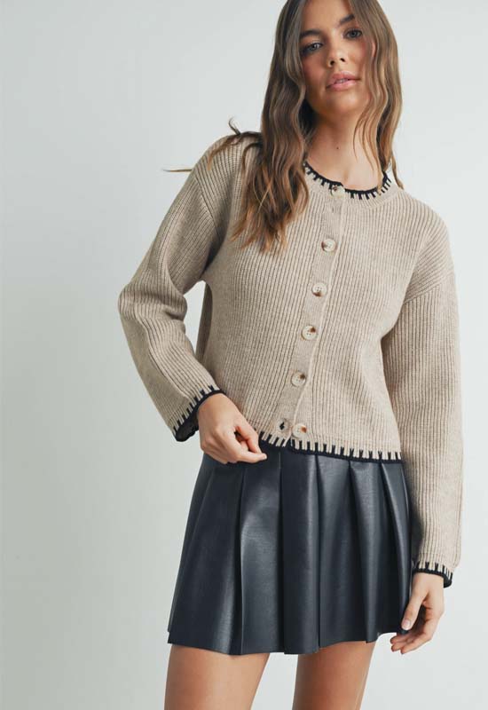 Crew Neck Cardigan Sweater - Taupe