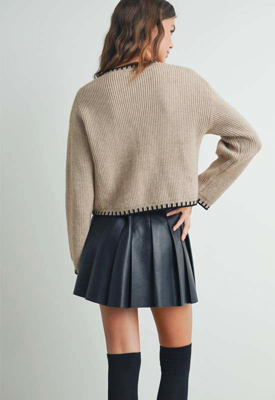 Crew Neck Cardigan Sweater - Taupe