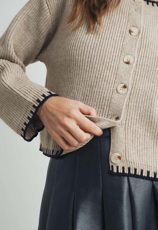Crew Neck Cardigan Sweater - Taupe