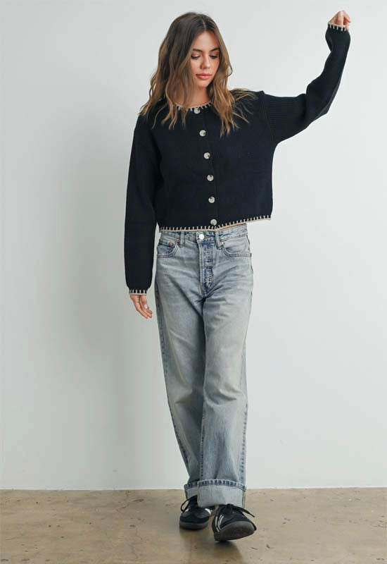 Crew Neck Cardigan Sweater - Black