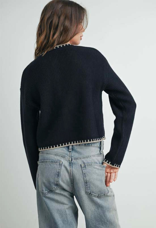 Crew Neck Cardigan Sweater - Black