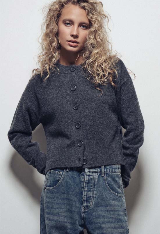 Relaxed Fit Wool Cardigan Sweater - Charcoal