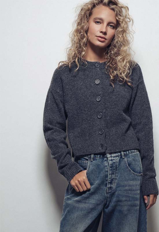 Relaxed Fit Wool Cardigan Sweater - Charcoal