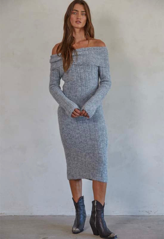 Off Shoulder Pencil Midi Dress - Heather Grey
