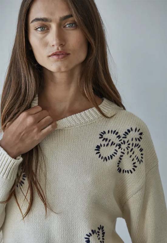Floral Stitch Round Neck Sweater - Natural
