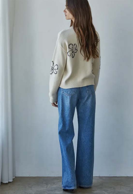 Floral Stitch Round Neck Sweater - Natural