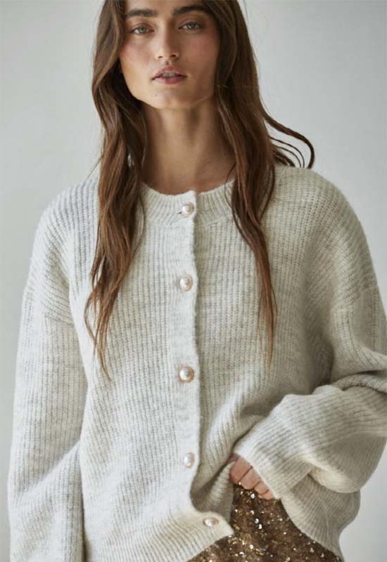 Knit Round Neck Cardigan Sweater - Oatmeal