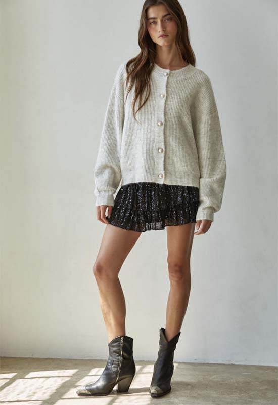 Knit Round Neck Cardigan Sweater - Oatmeal