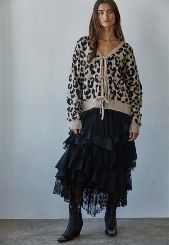 Animal Print V-Neck Sweater - Mocha Black