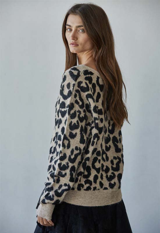 Animal Print V-Neck Sweater - Mocha Black