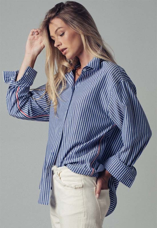 Stripe Twill Detail Button Down Shirt - Navy